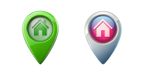 Two Home Location Pin Icons Green and Pink on transparent background