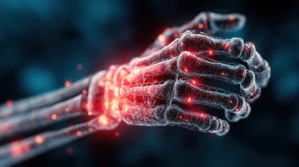 Glowing hand holding another person's wrist with pain radiating from ankle to shoulder blades and down the arms to the hands