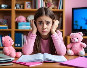 Worried Young Girl Struggling with Homework.The image is highly effective for use in articles about learning difficulties, educational psychology websites, parenting blogs on academic pressure