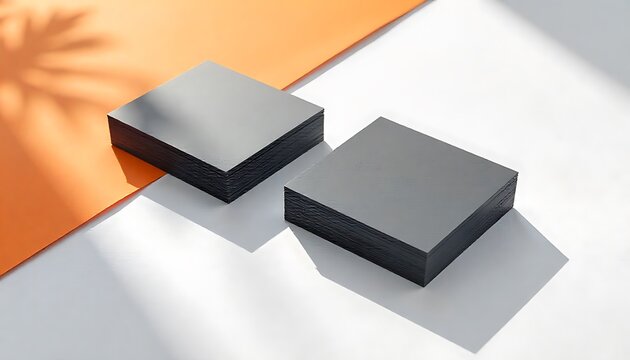 Top-Down View of Dark Grey Business Cards on White Surface,  copy space, mockup, template, spring, summer minimalism concept, created with generative ai