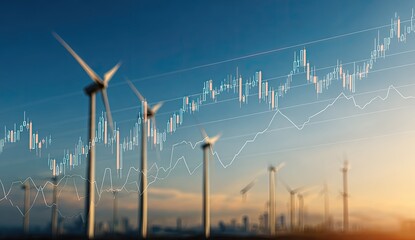 Wind turbines with financial chart overlaid on a sunset backdrop