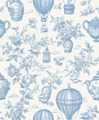 Chinoiserie Toile Blue and White Floral Scene 