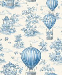 Chinoiserie Toile Blue and White Floral Scene 
