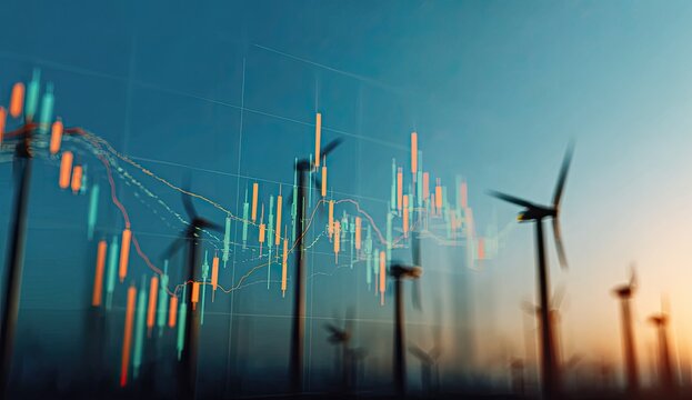 Wind turbines and financial charts overlayed