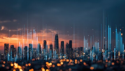 City skyline at dusk, overlaid with digital data streams