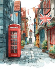 Fototapeta premium English town Cozy street with iconic British elements 