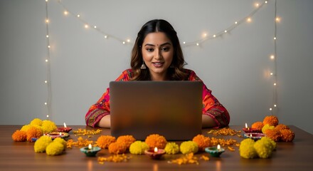 Young Indian woman celebrating Diwali virtually with laptop, surrounded by marigold flowers, festive diyas, and decorative lights, symbolizing digital celebrations, tradition, and modern connectivity