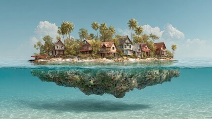 Tropical island village, half submerged in turquoise water