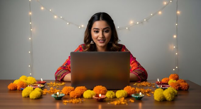 Young Indian woman celebrating Diwali virtually with laptop, surrounded by marigold flowers, festive diyas, and decorative lights, symbolizing digital celebrations, tradition, and modern connectivity