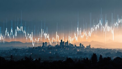 City skyline at dawn overlaid with stock market charts