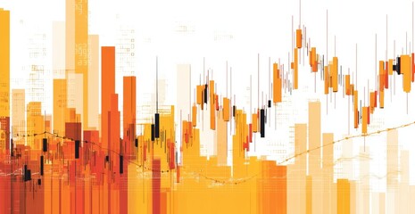 Abstract graphic of financial data, with orange/brown bar graphs and candlestick charts overlaid on a light background, suggesting upward trend