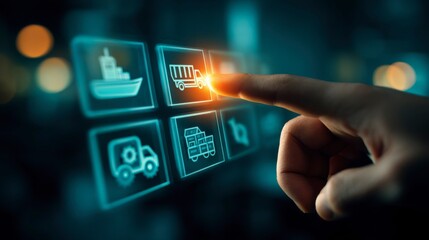 Finger pressing glowing transport icon on digital logistics interface, representing supply chain management, fleet operations, cargo delivery, and efficiency optimization.