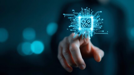 Fototapeta premium Businessman pressing digital microchip icon, symbolizing artificial intelligence, high technology, innovation, and advanced computing solutions for modern business.