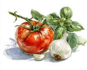 Lush watercolor  of key sauce ingredients  vibrant tomato basil garlic