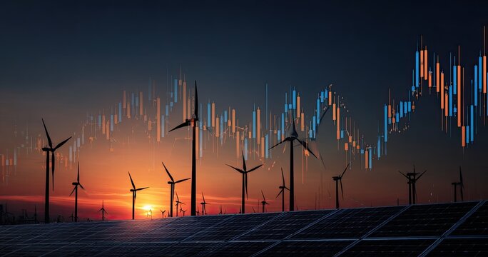 Wind turbines and solar panels at sunset, overlaid with financial charts (4)