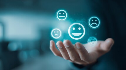Hand holding customer feedback icons with happy and sad faces representing survey review and satisfaction