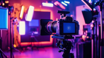 A camera setup ready for action in a colorful studio with bright lighting and filming equipment prepared for production