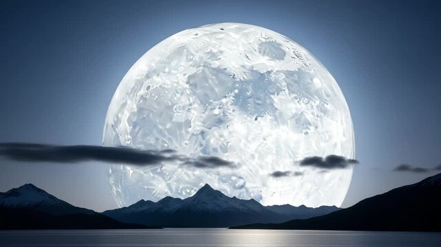 A majestic, gigantic moon hangs over a serene lake, reflecting its ethereal glow, framed by snow-capped mountains at dusk.