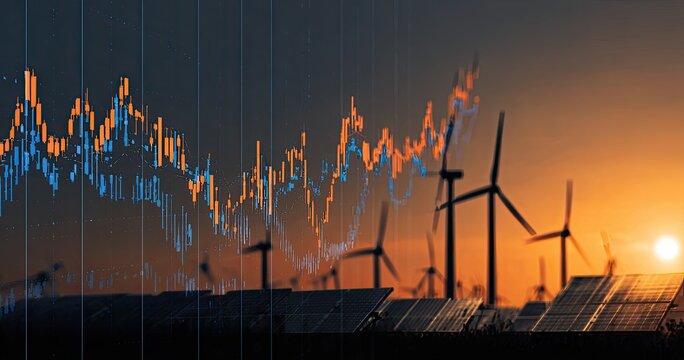 Sunset over renewable energy, overlaid with financial data - Powered by Adobe