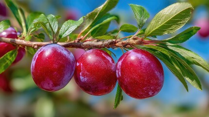 Obraz premium Plums ripening on a branch against a blue sky
