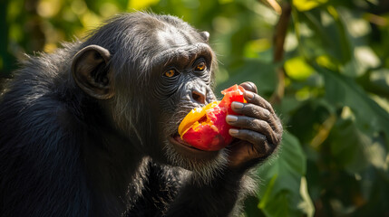 Wild chimpanzee with golden eyes intently eating a delicious red fruit in a sunlit jungle