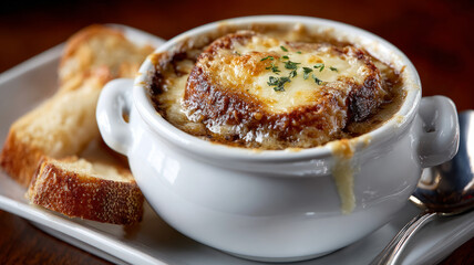 French onion soup in a bowl with toasted bread and cheese.