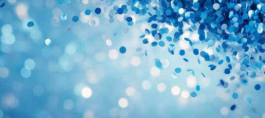 Konfetti in blau mit Bokeh Lichtern und Textfreiraum für Werbung 
