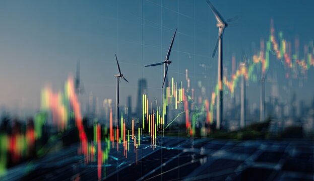 Wind turbines over a city skyline overlaid with financial charts, suggesting sustainable investment - Powered by Adobe