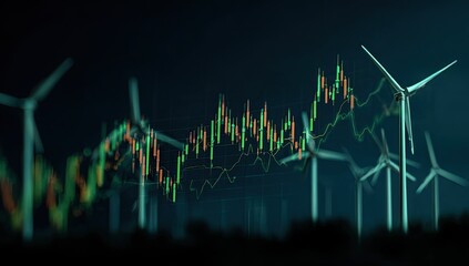 Wind turbines at night with overlaid stock charts