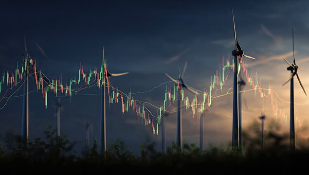 Wind turbines with stock market graphs at sunset