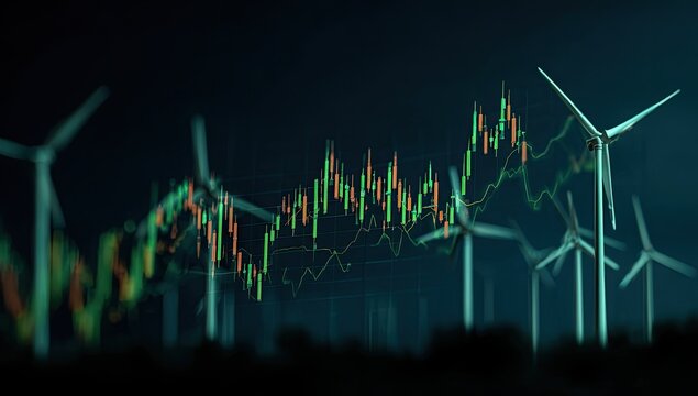 Wind turbines at night with overlaid stock charts - Powered by Adobe