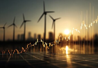 Wind turbines and stock chart over city skyline at sunset