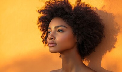 Attractive mixed-race Black African American female model against a peach fuzz background, with strong shadows. The editorial image emphasizes beauty and fashion concepts, Generative AI