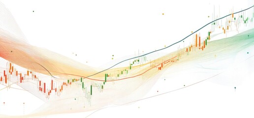 Abstract financial chart with trending candlestick patterns overlaid with soft, flowing colors