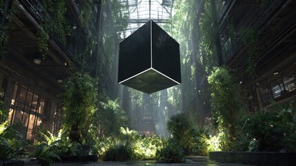 Dark cube hangs in overgrown urban space