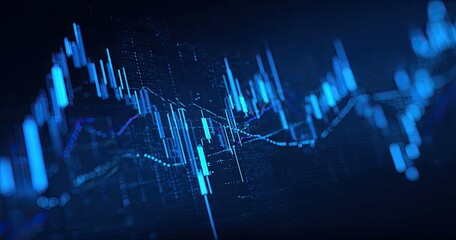 Abstract digital chart with vibrant blue lines and data points, overlaid on a dark background