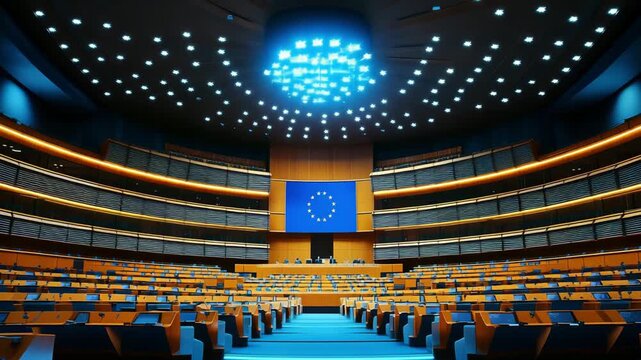 A large legislative chamber with rows of seats arranged for debates, highlighted by the EU flag displayed above the assembly area