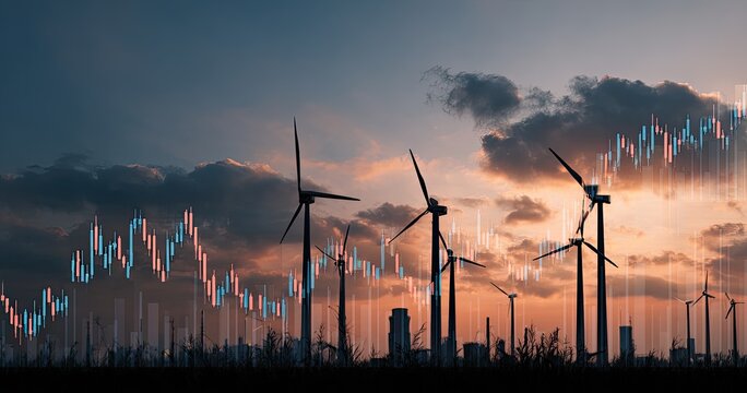 Wind turbines at sunset with financial charts overlaid