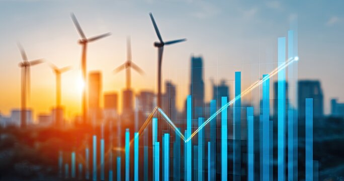 City skyline at sunset with wind turbines and overlaid financial graph