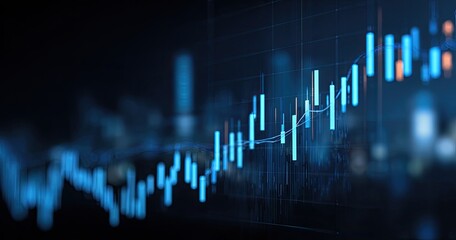 Abstract financial chart, showing a fluctuating trend, over a blurred cityscape background