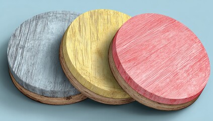 Three circular wooden discs, gray, yellow, and pink, stacked