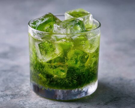 Green drink in glass with ice