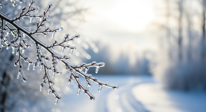 Frozen tree branch glistening with ice on a cold winter day in the forest
