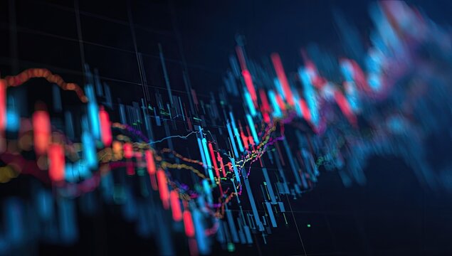 Close-up of financial data chart with colorful lines and bars - Powered by Adobe
