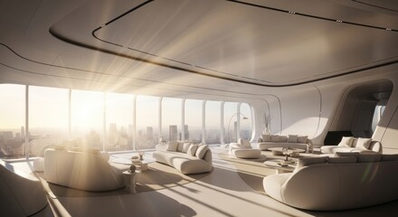 Modern and Bright Interior Space with Large Windows and Comfortable Furniture