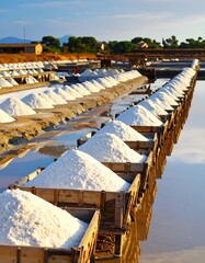 Rows of wooden containers filled with harvested salt sit beside a calm body of water