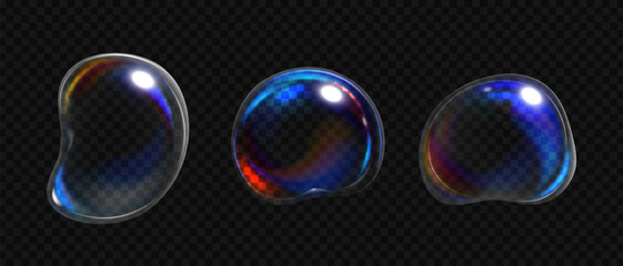 3D water soap bubbles with colorful rainbow glare and reflections on black background, Flowing liquid holographic effect of transparent water drop, Vector illustration.