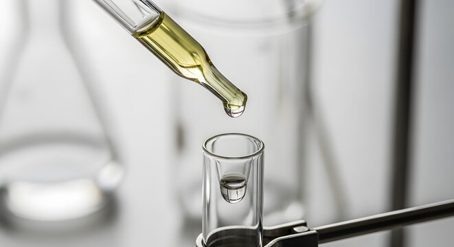 A scientist uses a glass pipette to drop a yellow liquid into a test tube in a laboratory conducting a scientific experiment