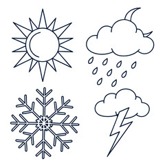 Weather icons set featuring sun, cloud with lightning, snowflake, and cloud with rain, perfect for illustrating diverse weather conditions and seasons