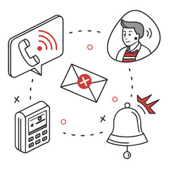 Isometric communication icons featuring a phone, video call, email, and bell, all in a thin line style, arranged in a dynamic composition, perfect for illustrating digital marketing concepts